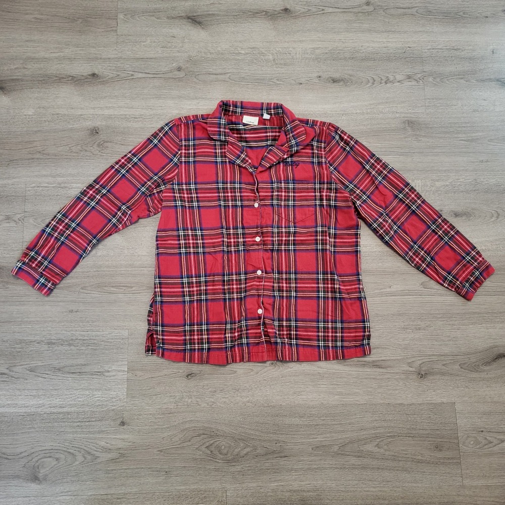 L.L.‎ Bean Red Scotch Plaid Flannel Pajama Top Large Embroidered Darling 502584